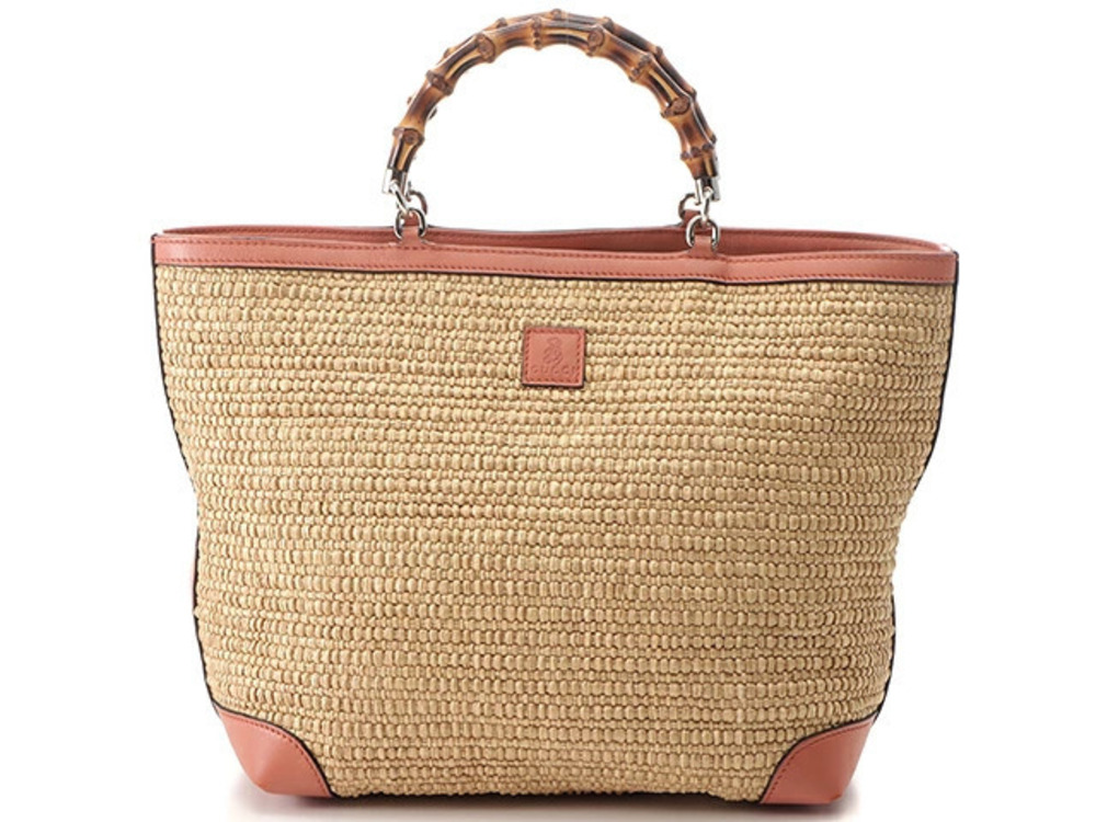 Gucci Bamboo Tote Bag Beige Cream Pink Raffia